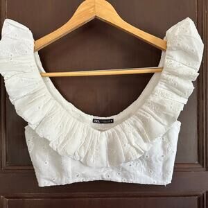 ZARA | White Eyelet Ruffle Neck Smocked Back Crop Top | Size Small